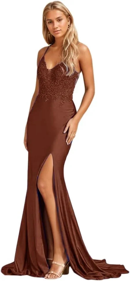 Vestidos de Baile de Aplicação em Renda para Senhora, Modelo Sereia, Compridos com Fenda, Cetim Elástico, Decote em V, Vestido Formal de Noite