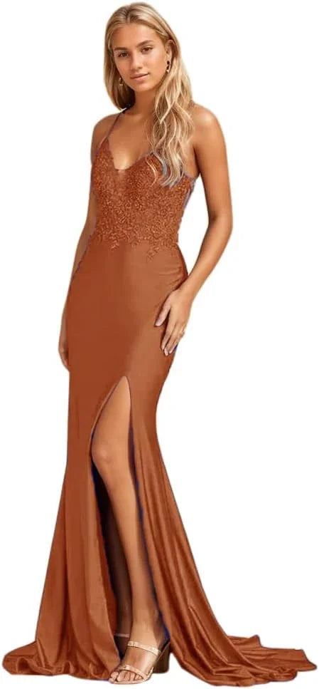 Vestidos de Baile de Aplicação em Renda para Senhora, Modelo Sereia, Compridos com Fenda, Cetim Elástico, Decote em V, Vestido Formal de Noite