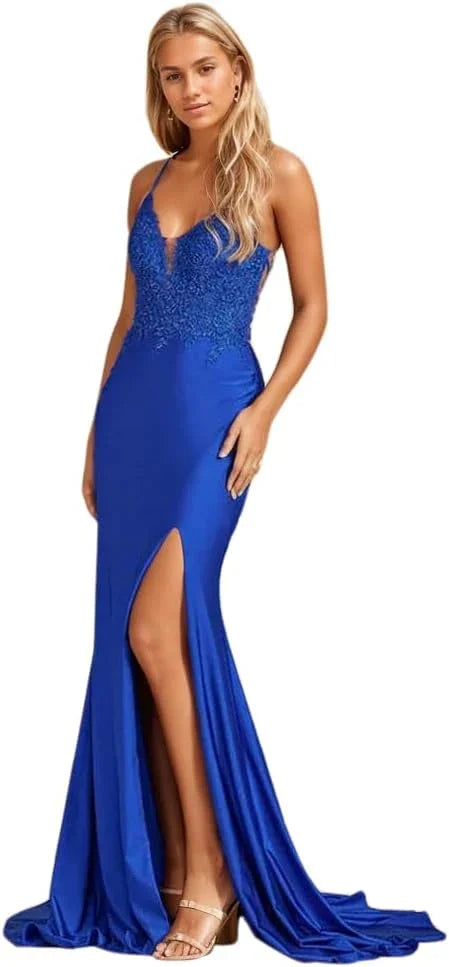 Vestidos de Baile de Aplicação em Renda para Senhora, Modelo Sereia, Compridos com Fenda, Cetim Elástico, Decote em V, Vestido Formal de Noite