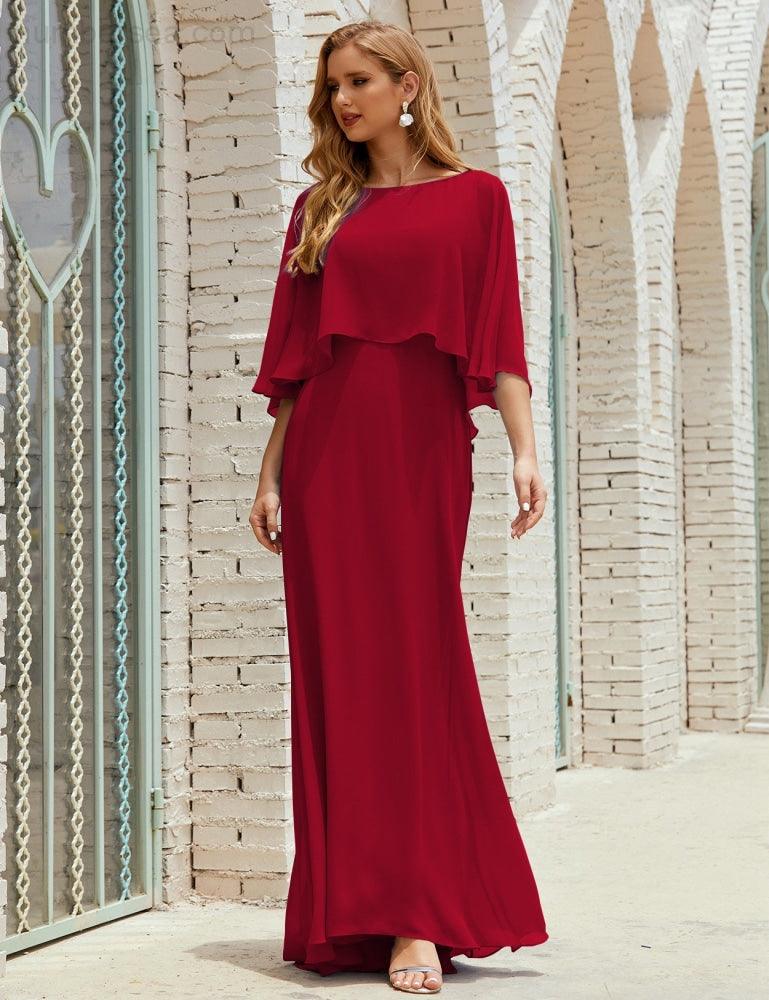 Bridesmaid Dress Women Long Sleeve V-Neck Chiffon Formal Wedding Party Dress 28018