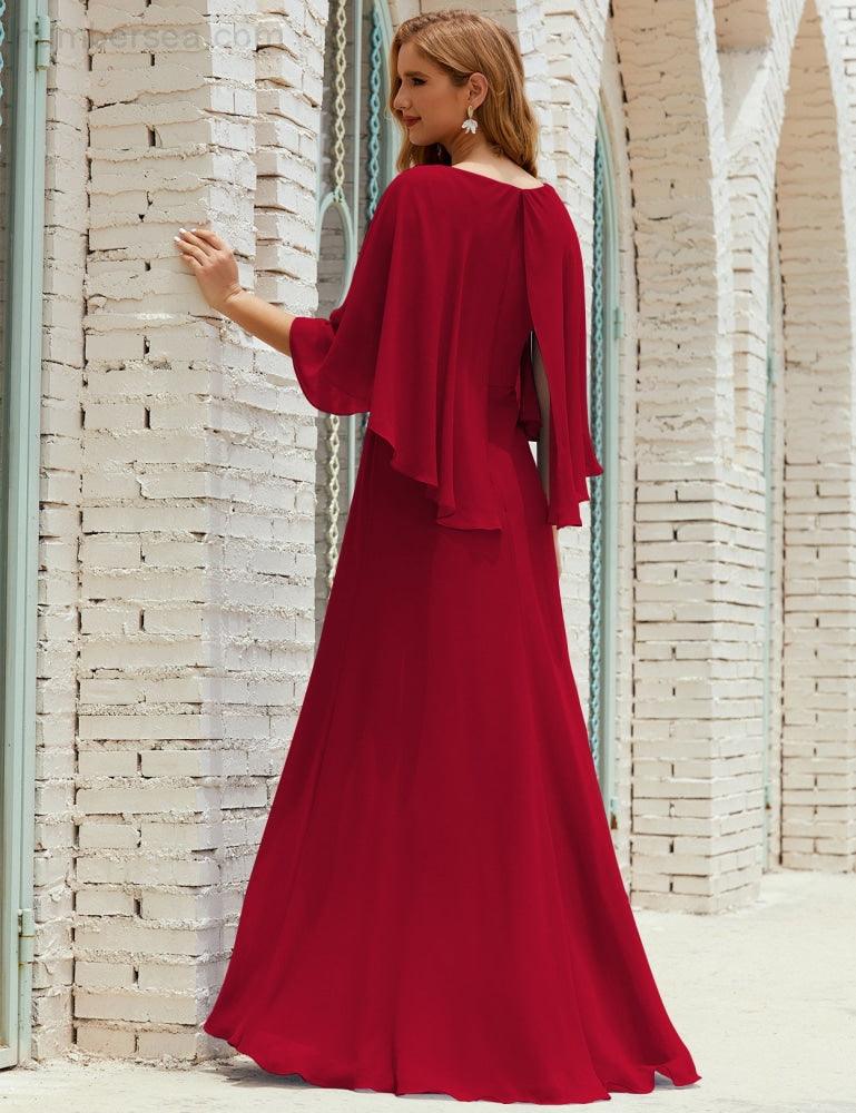 Bridesmaid Dress Women Long Sleeve V-Neck Chiffon Formal Wedding Party Dress 28018