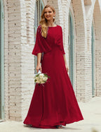 Bridesmaid Dress Women Long Sleeve V-Neck Chiffon Formal Wedding Party Dress 28018