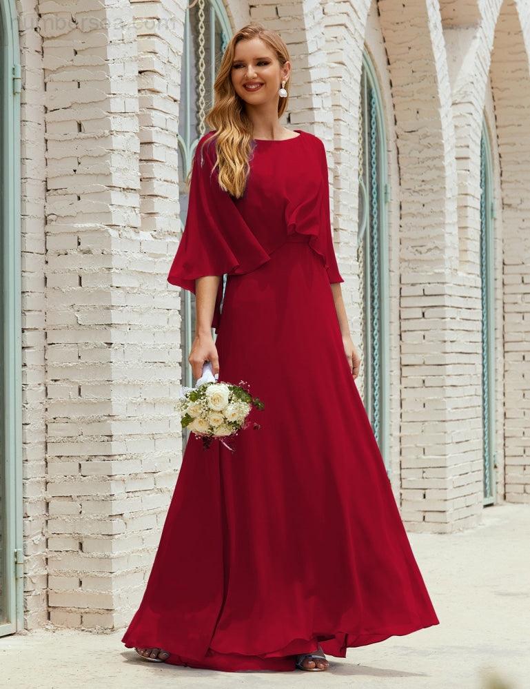 Bridesmaid Dress Women Long Sleeve V-Neck Chiffon Formal Wedding Party Dress 28018