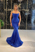 Robe de bal formelle longue sirène bleu royal à paillettes avec fines bretelles et sans manches