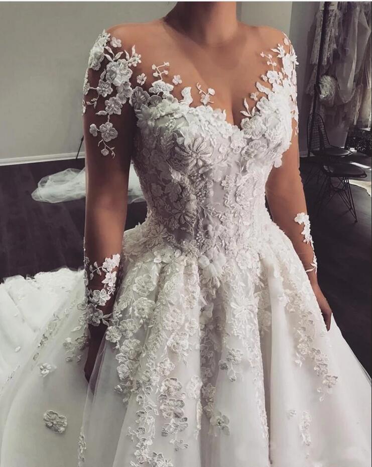 Vestido de casamento longo elegante da luva do bateau do comprimento do assoalho com apliques do laço