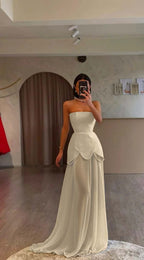 White Strapless Pleated Beaded Long Prom Dress With Custom Colors And Sizes