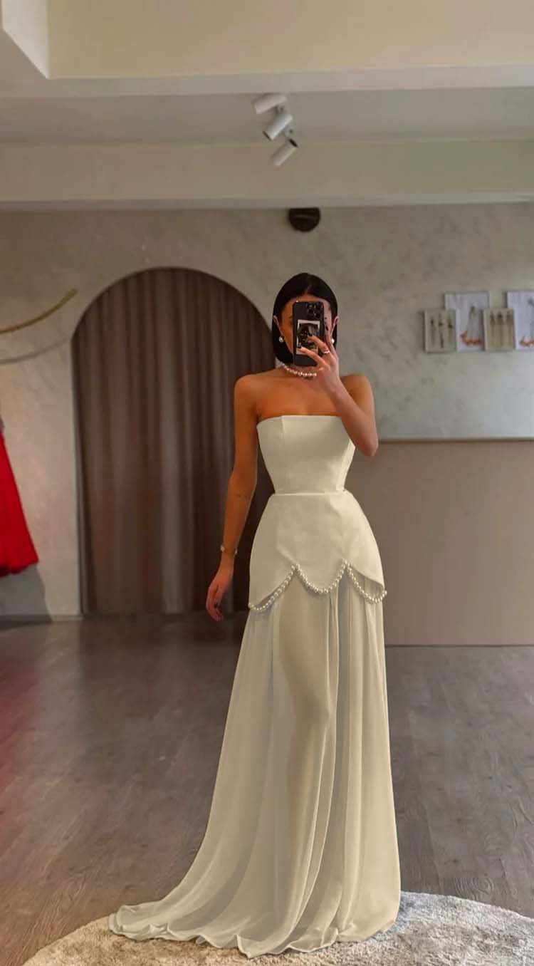 White Strapless Pleated Beaded Long Prom Dress With Custom Colors And Sizes