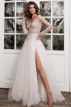 Boho A-Line Lace Wedding Dress With V-Neck Long Sleeves Slit Tulle