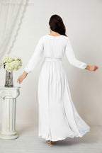 Evening Dresses Deep V-Neck Chiffon Bridesmaid Dresses Long Bishop Sleeve Side Split Formal Dress 2806
