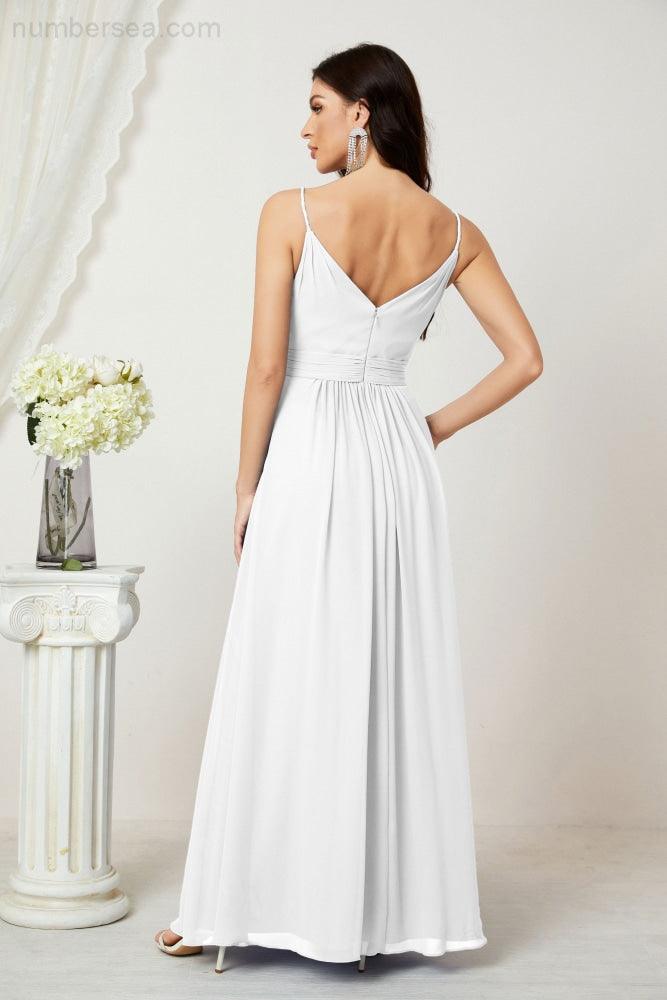 Chiffon V-Neck Bridesmaid Dress Spaghetti Strap Long Formal Party Prom Gowns with Slit 28010