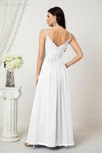 Chiffon V-Neck Bridesmaid Dress Spaghetti Strap Long Formal Party Prom Gowns with Slit 28010