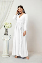 Evening Dresses Deep V-Neck Chiffon Bridesmaid Dresses Long Bishop Sleeve Side Split Formal Dress 2806