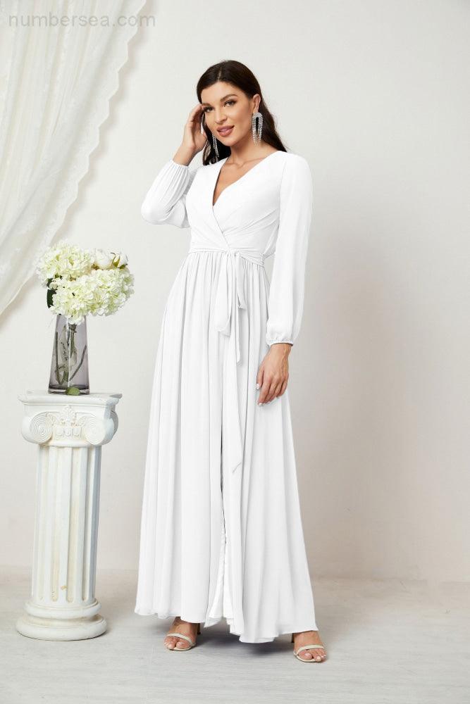 Evening Dresses Deep V-Neck Chiffon Bridesmaid Dresses Long Bishop Sleeve Side Split Formal Dress 2806