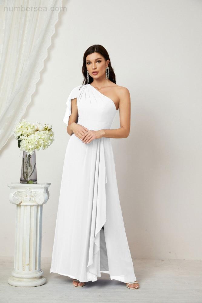 Chiffon Ruffled One Shoulder Long Bridesmaid Dresses A-line Formal Evening Gown Side Split 2809