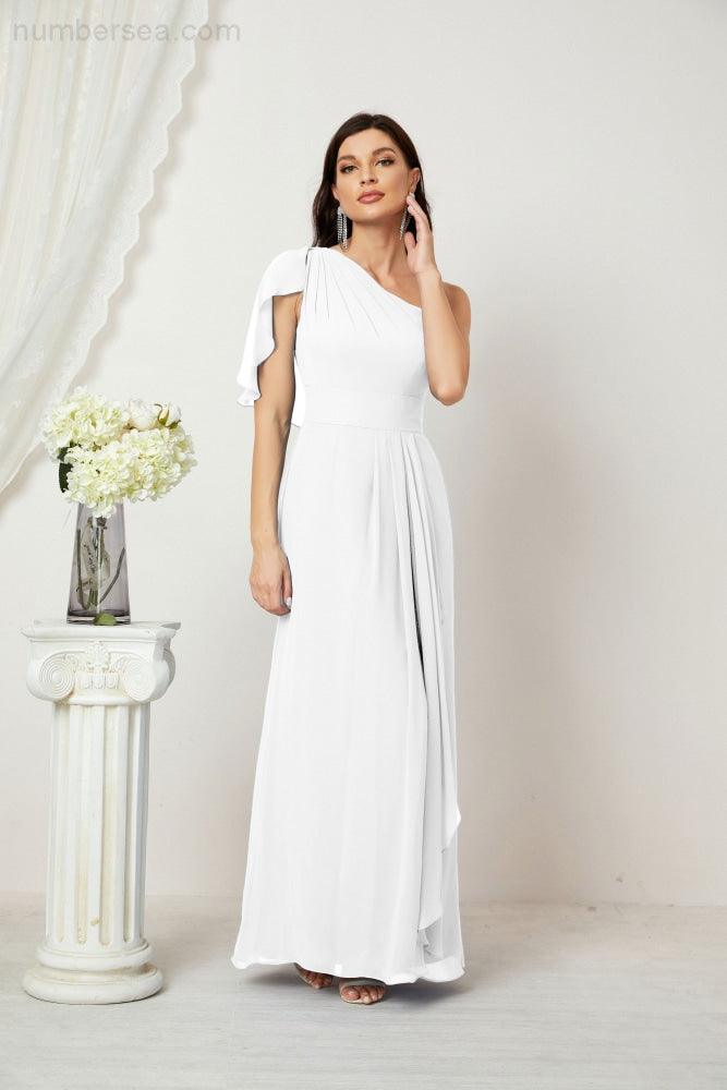 Chiffon Ruffled One Shoulder Long Bridesmaid Dresses A-line Formal Evening Gown Side Split 2809