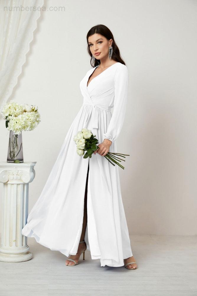 Evening Dresses Deep V-Neck Chiffon Bridesmaid Dresses Long Bishop Sleeve Side Split Formal Dress 2806