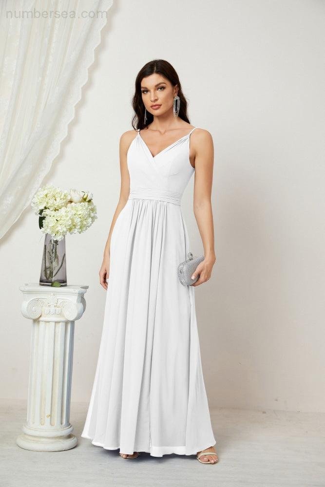 Chiffon V-Neck Bridesmaid Dress Spaghetti Strap Long Formal Party Prom Gowns with Slit 28010