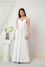 Chiffon V-Neck Bridesmaid Dress Spaghetti Strap Long Formal Party Prom Gowns with Slit 28010