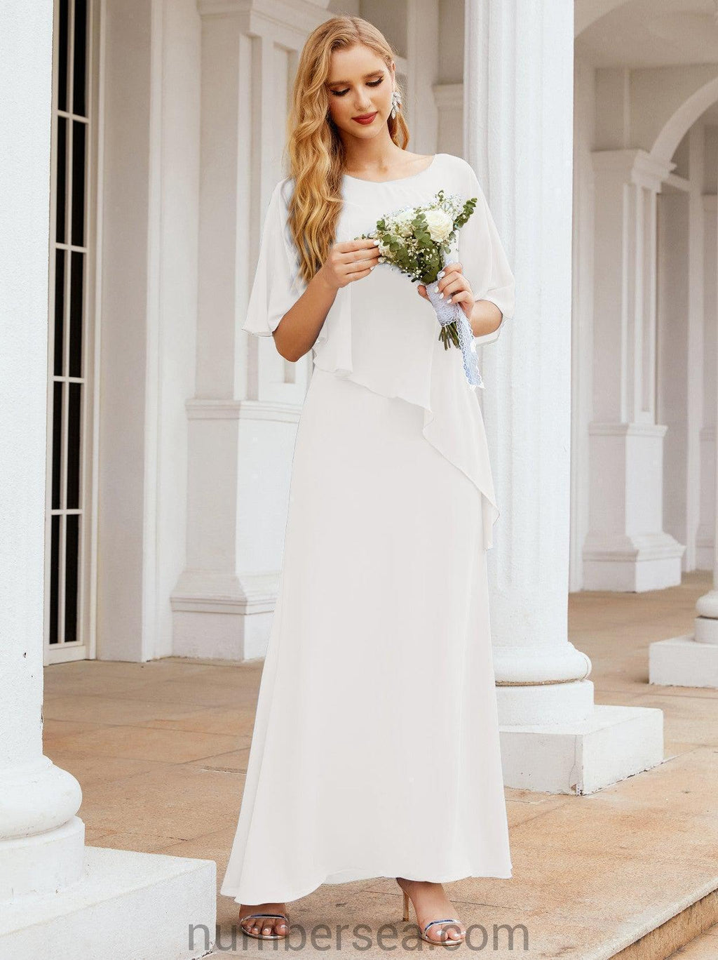 Numbersea Festliches Abendkleid Lang Mutter der Braut Kleid mit Rüschencape 28026