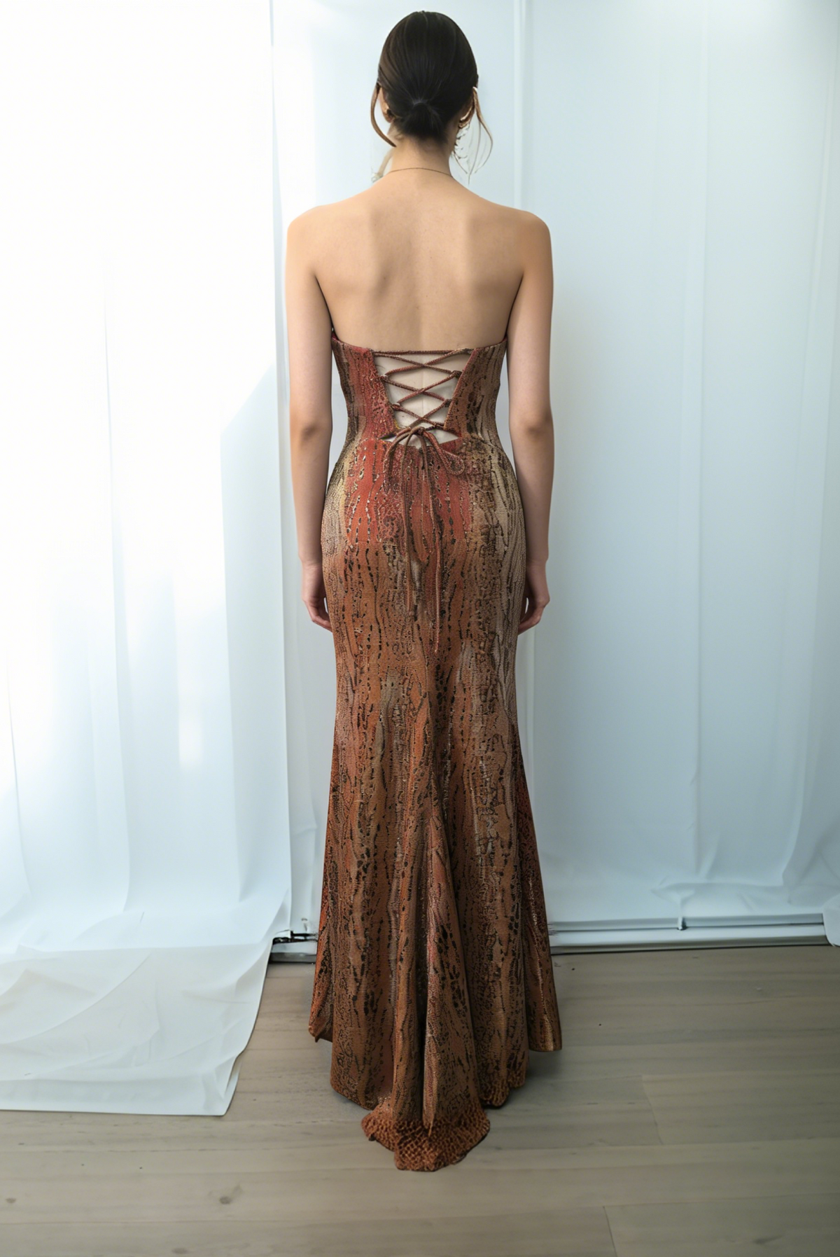 Rust Orange Snake Print Strapless Mermaid Evening Dress | Cutout Lace-Up Prom Gown