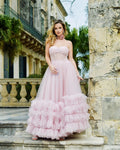 A-line Corset Strapless Tulle Prom Dress with Ruffles