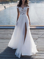 Short Sleeves Appliques Wedding Dress With Split Lace Bodice Beadwork