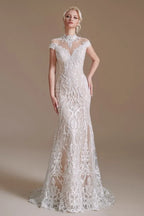 Sexy Lace Mermaid Wedding Dress With High Neck And Long Sleeves