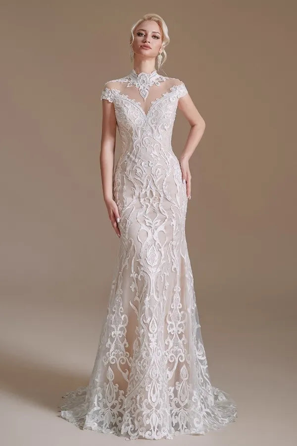 Sexy Lace Mermaid Wedding Dress With High Neck And Long Sleeves