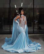 Sky Blue Velvet Silver Crystal Evening Dress Luxurious Evening Gown Y5764