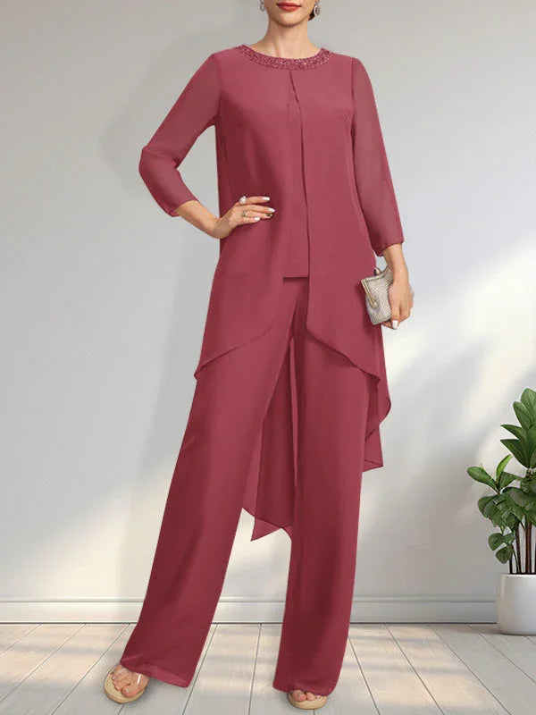 Mono/Pantalón Separado con Escote Redondo, Largo hasta el Suelo, de Gasa, Vestido de Madre de la Novia con Lentejuelas y Cuentas