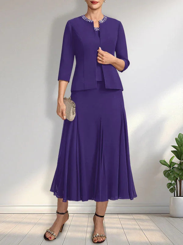 Getrenntes A-Linien Kleid mit U-Boot-Ausschnitt in Tee-Länge aus Chiffon für die Brautmutter mit Paillettenstickerei