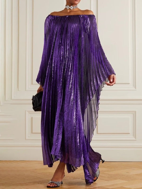 Vestidos de Noite Maxi com Manga Morcego Pregueada e Decote Fora do Ombro