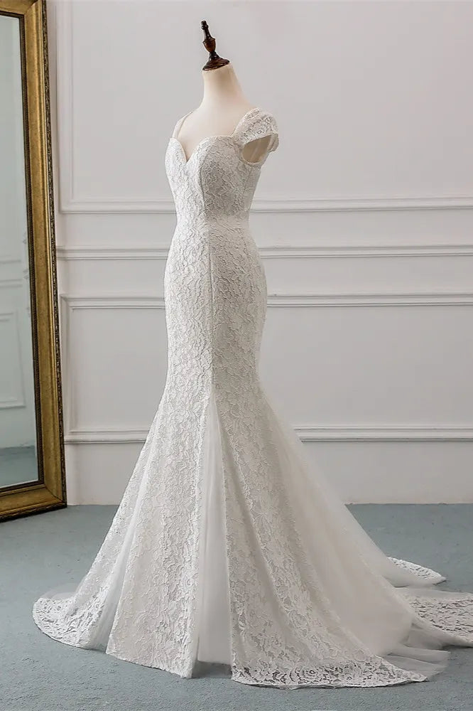 Mermaid Lace Wedding Dress With Cap Sleeves And Sweetheart Neckline