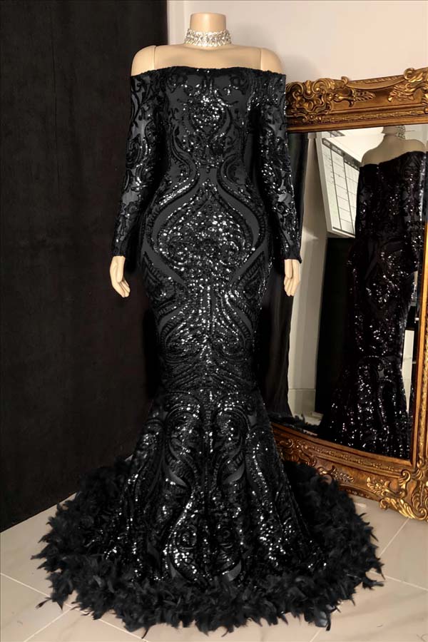 Custom Made Burgundy Sequin Mermaid Prom Dress With Long Sleeves And Feathers