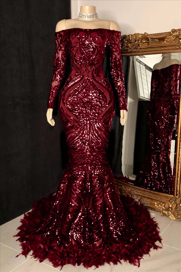 Custom Made Burgundy Sequin Mermaid Prom Dress With Long Sleeves And Feathers