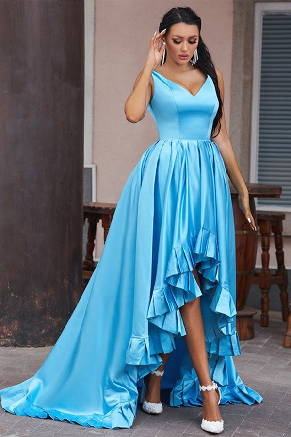 Vestido de noite sem mangas em linha A com decote em V Hi-Lo Safira Serenidade