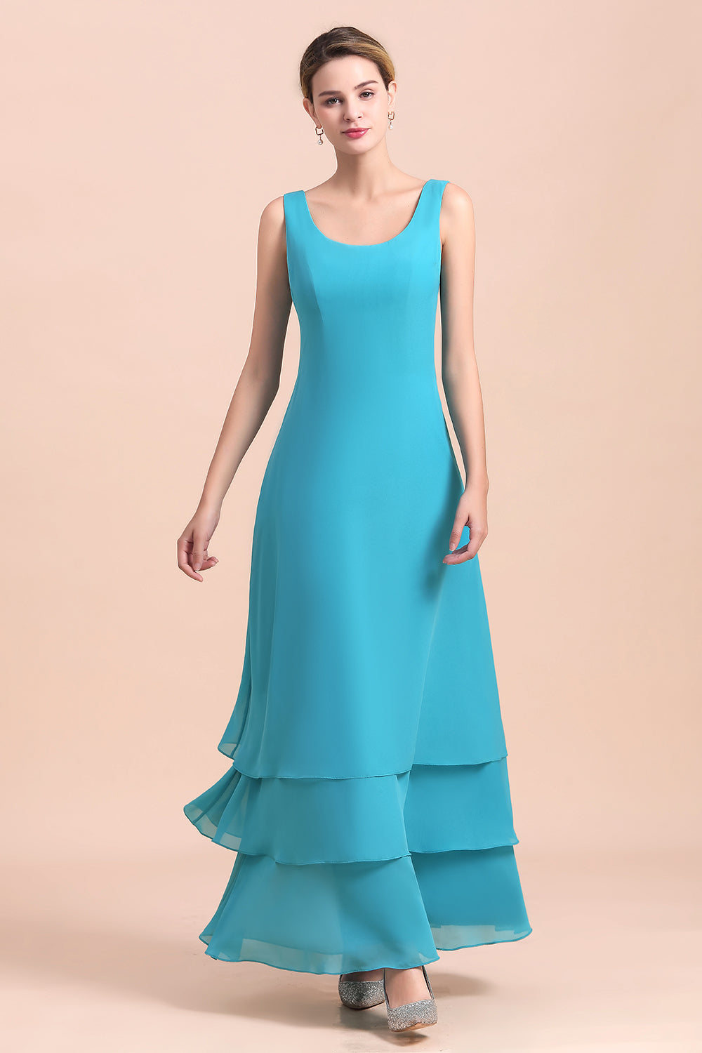 BMbridal Gorgeous Square Neck Flowers Layers Mother of Bride Dress with Long Wraps
