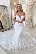 Glamorous Off The Shoulder Mermaid Backless Lace Long Wedding Dress