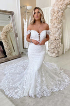 Glamorous Off The Shoulder Mermaid Backless Lace Long Wedding Dress