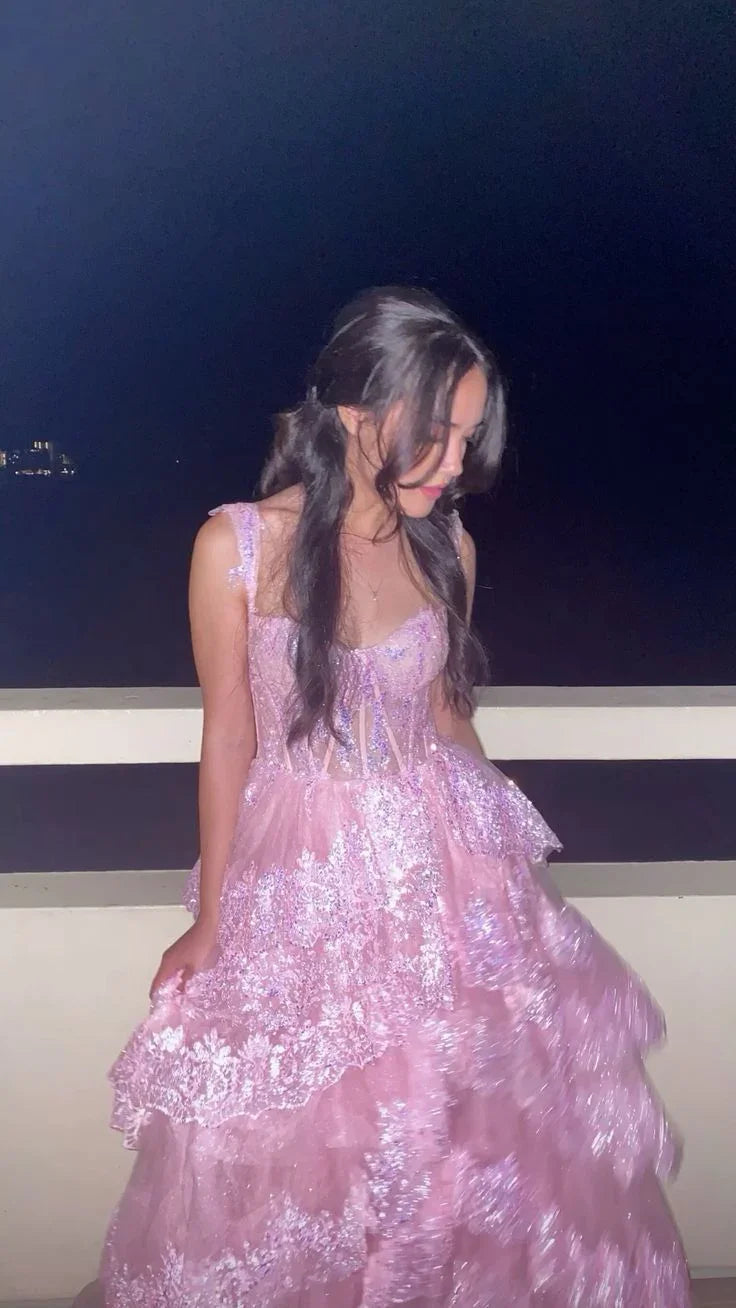Vestido largo de fiesta formal rosa con apliques de encaje en capas y corte en línea A Y7936