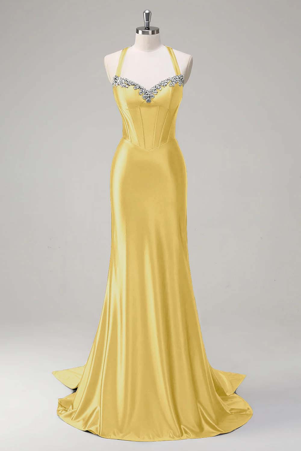 Halter Neck Sleeveless Long Mermaid Prom Dress With Beading Pleated