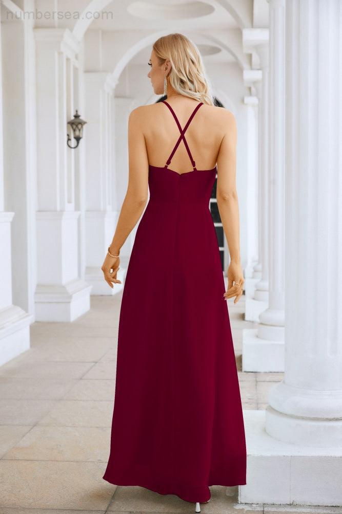Vestido de Festa Comprido até ao Chão para Damas de Honra, em Chiffon, com Alças Finas, Decote em V e Fenda Frontal, para Baile, Festa e Casamento 28116