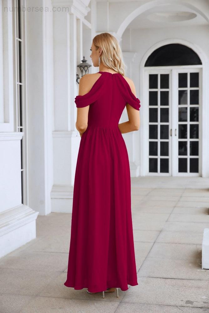 Abito da sera da damigella in chiffon con spalle scoperte, maniche a campana e spacco frontale, abito da festa nuziale 28117