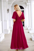 Robe de soirée longue jusqu'au sol pour demoiselle d'honneur, manches en mousseline, encolure ronde, fente avant, pour mariage et fête 28124