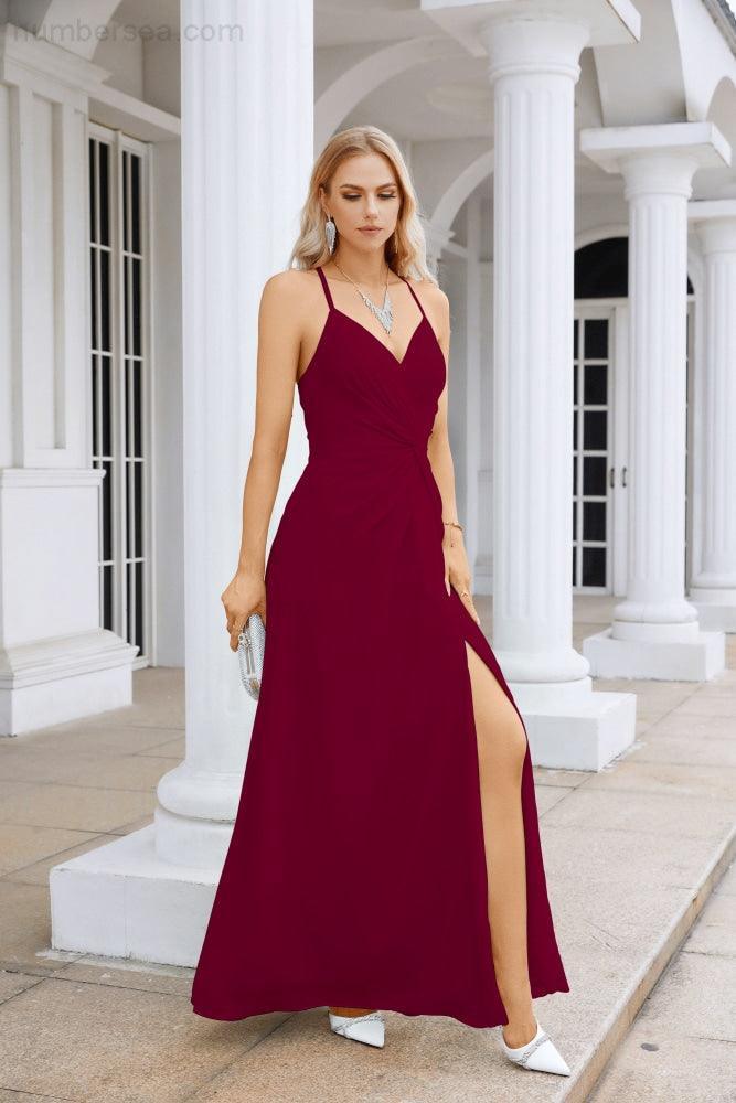Vestido de Festa Comprido até ao Chão para Damas de Honra, em Chiffon, com Alças Finas, Decote em V e Fenda Frontal, para Baile, Festa e Casamento 28116