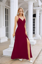 Vestido de Festa Comprido até ao Chão para Damas de Honra, em Chiffon, com Alças Finas, Decote em V e Fenda Frontal, para Baile, Festa e Casamento 28116