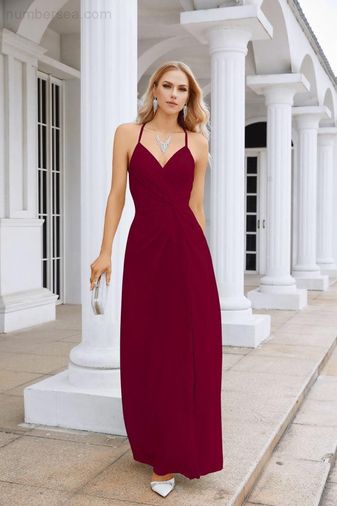 Vestido de Festa Comprido até ao Chão para Damas de Honra, em Chiffon, com Alças Finas, Decote em V e Fenda Frontal, para Baile, Festa e Casamento 28116