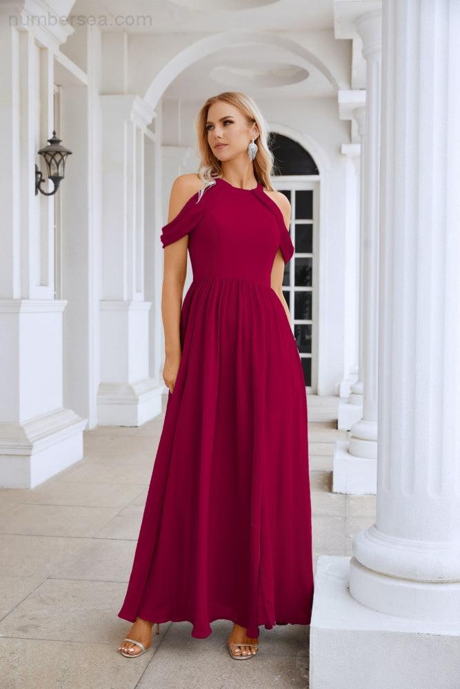 Abito da sera da damigella in chiffon con spalle scoperte, maniche a campana e spacco frontale, abito da festa nuziale 28117