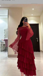 Vestido de Baile com Lantejoulas para Senhora, Vestido de Festa em Chiffon com Camadas, Borgonha, Y7616