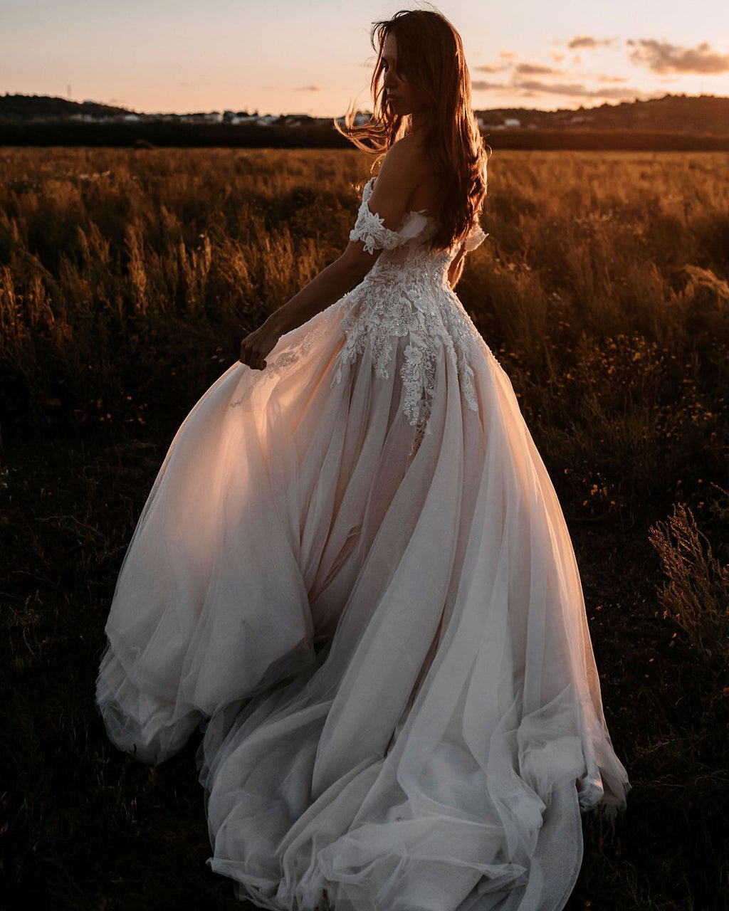 Glamorous Tulle Off The Shoulder Train Aline Wedding Dress With Lace Appliques